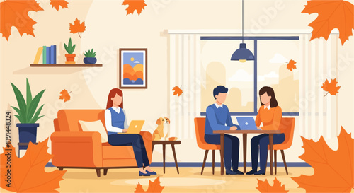 Cozy autumn scene with people working remotely and a dog, decorated with fall leaves