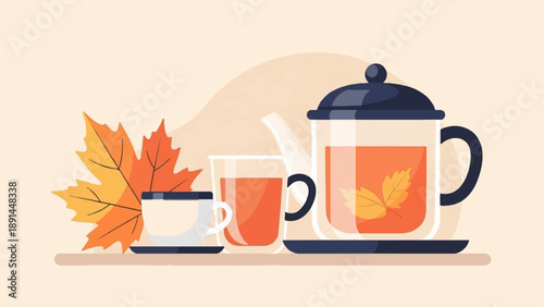 Cozy autumn scene with steaming cups and teapot, adorned by colorful leaves
