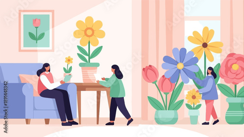 Cozy indoor scene with people and vibrant potted flowers