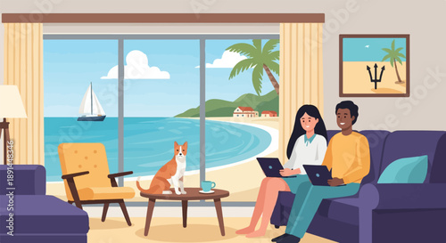 Couple working remotely with dog and ocean view
