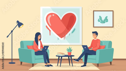 Couple working remotely on laptops in a cozy room with heart art