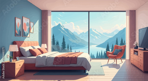 Cozy bedroom with mountain lake view, large windows, soft lighting