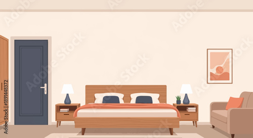 Cozy bedroom with a wooden bed, nightstands, lamps, artwork, and a door