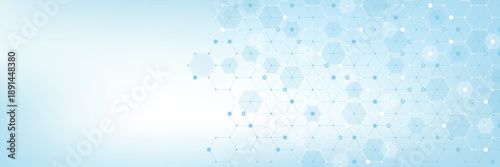 Modern health care or medical background design. Health care innovation concept. Horizontal header web banner. Abstract geometric background with hexagon shapes for medicine, science, chemistry.