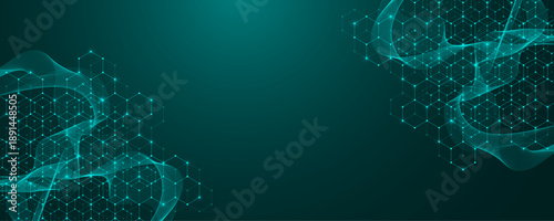 Molecular abstract structure and genetic engineering DNA. Healthcare and medicine background concept. Scientific research background. Wave flow. Innovation pattern. Vector illustration.