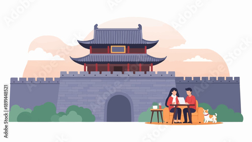 Couple with dog enjoy outdoor work in front of ancient gate