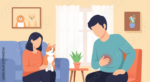 Couple with dog at home, one experiencing chest discomfort
