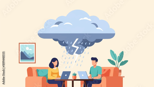Couple working on laptops under a stormy sky indoors