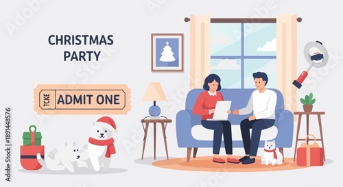 Cozy Christmas party with pets and gifts