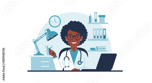 Smiling African American Female Doctor Working at Office Desk with Laptop and Stethoscope | Professional Healthcare Vector Illustration