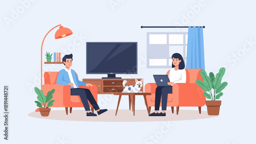 Couple relaxing at home with pet, one working on laptop