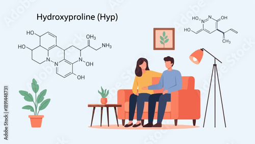 Couple relaxing at home with scientific diagrams of hydroxyproline and plants