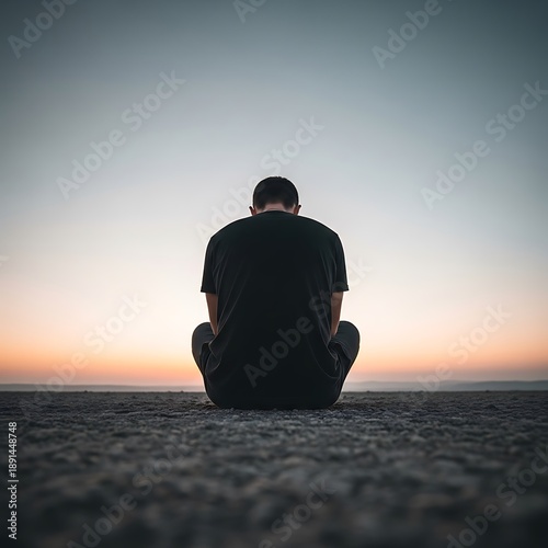 Man sitting ground looking at the sunset with his back to the.