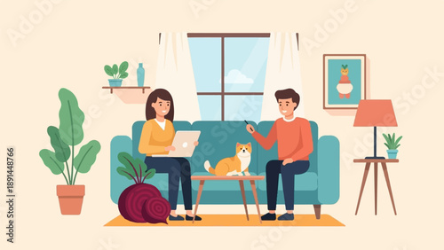 Couple relaxing at home with their dog and plants, enjoying indoor activities