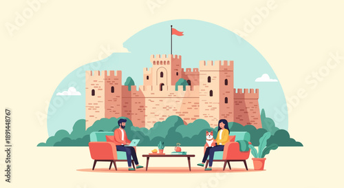 Couple relaxing by a castle with a dog