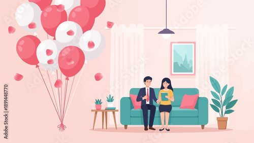 Couple in cozy living room with balloons and art