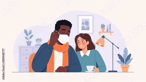 Couple in a room, one with face mask, both looking at each other