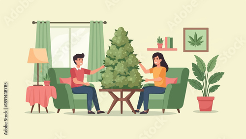 Couple in living room admiring a large plant