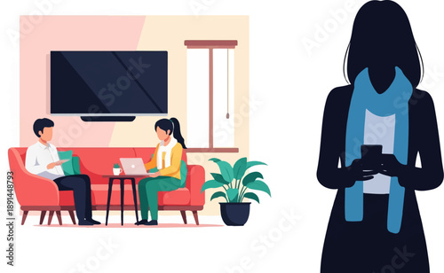 Couple in living room with laptop, plant, and person with phone