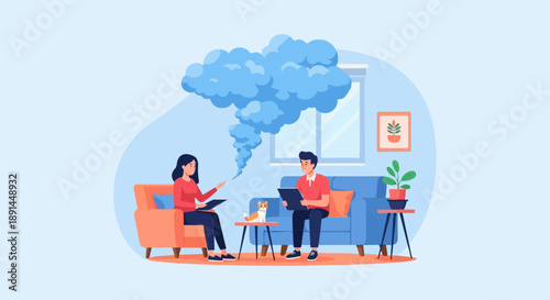 Couple with a cloud of blue smoke between them in a living room
