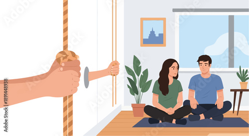 Couple meditating indoors as a hand pulls open a door to the outside