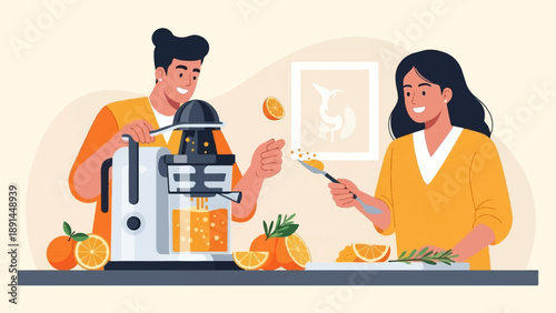 Couple happily making fresh juice from oranges at home