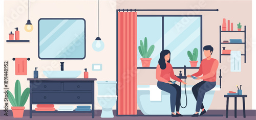 Couple grooming in a modern bathroom with plants, mirror, and bathtub