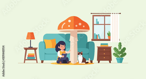 Cozy interior scene with a girl, cat, and giant mushroom by a sofa