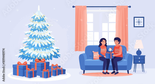 Couple exchanging gifts by a decorated Christmas tree in cozy room