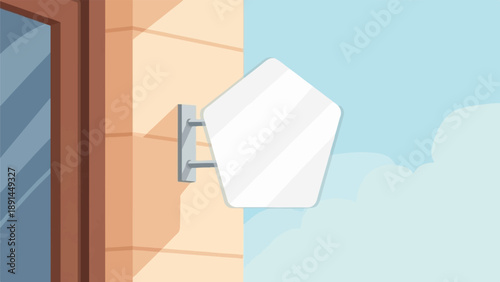 An empty, pentagonal sign protrudes from a building wall against a cloudy sky