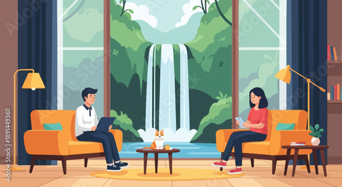 Cozy living room with a waterfall view, people and pet relaxing indoors