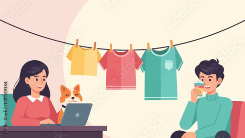 A woman with a dog and laptop, a man drinks coffee, laundry hangs