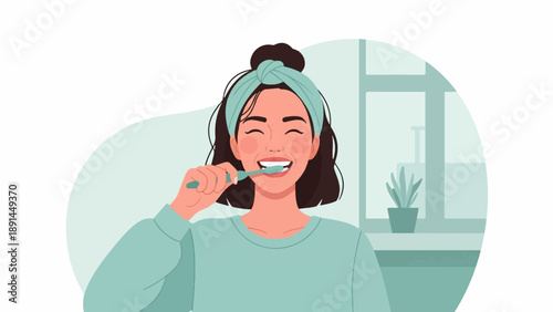 A woman with a blue headband brushes her teeth with a happy expression