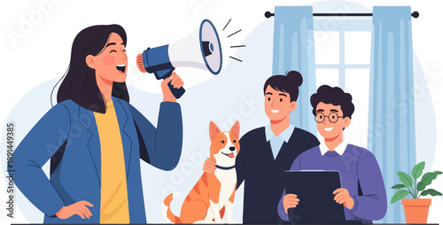 A woman with a megaphone, two men, and a dog by a window with curtains