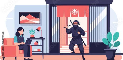 A woman works on her laptop while a ninja appears