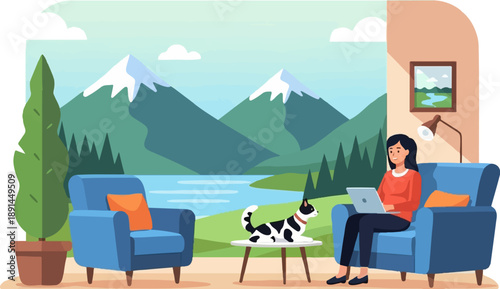A woman works on her laptop with a cat nearby in a cozy room with mountain views