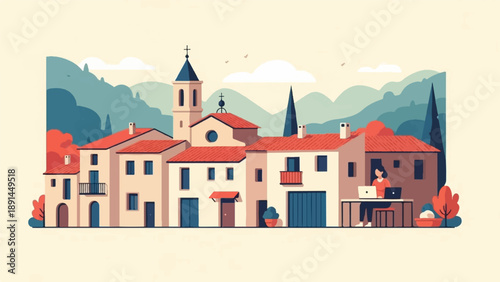 A woman works on laptops amidst a quaint European village