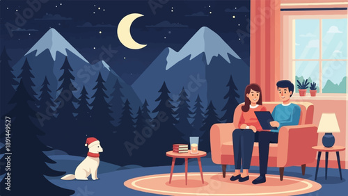 Cozy couple indoors with dog outside watching starry night mountains