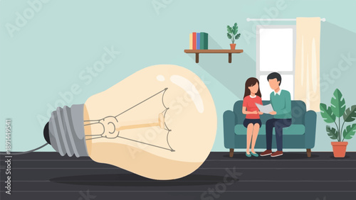 Couple on couch discussing idea next to giant light bulb