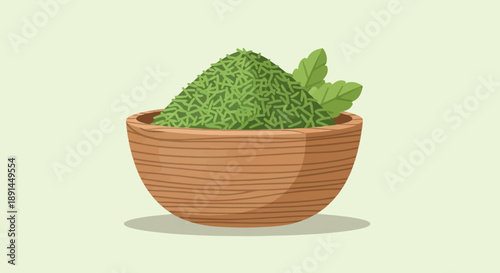 A wooden bowl overflowing with chopped green herbs and leaves
