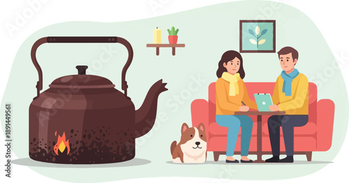 Cozy couple with dog and kettle in a warm room