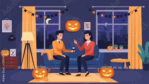 Couple enjoys Halloween night in a decorated living room