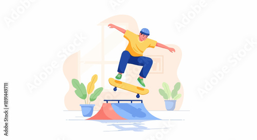 A young person performs a skateboard trick over a ramp, indoors