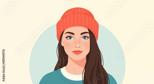 A young woman with freckles and blue eyes wearing an orange beanie