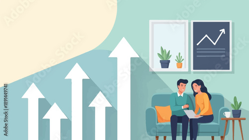 Couple on couch reviewing laptop with upward trending graph and arrows
