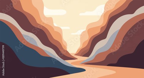 Abstract canyon with winding river under a pale, cloudy sky