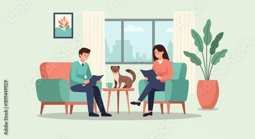 Cozy domestic scene of two people reading, with a pet weasel on a table