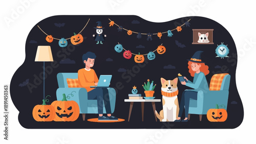 Cozy Halloween night with pets, pumpkins, and festive decor