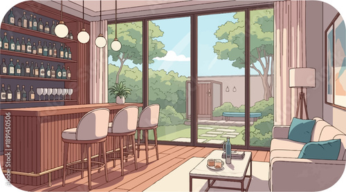 Cozy home bar with lush garden view and lounge area