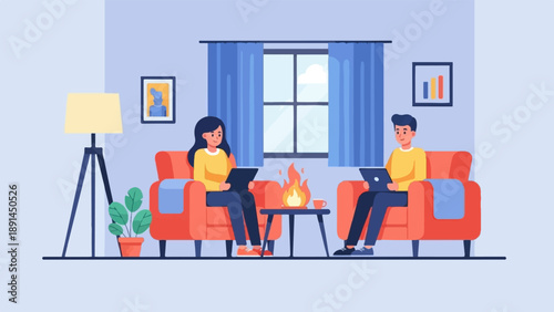 Couple relaxing in cozy room with laptops and fireplace